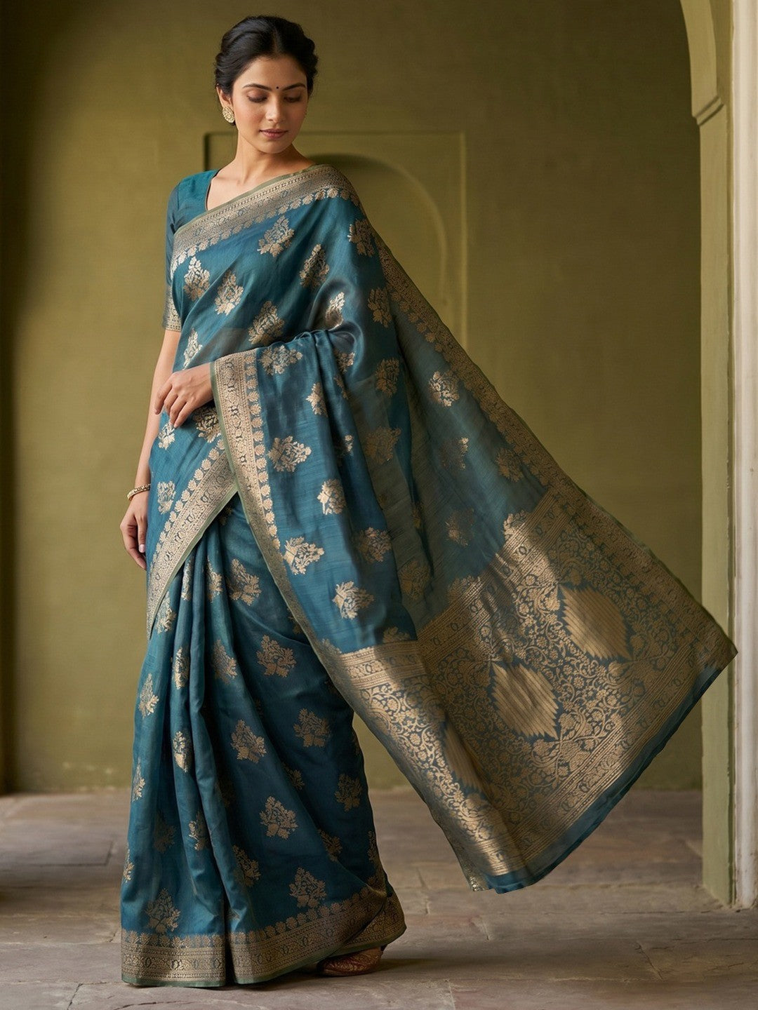 Stylish Teal Crepe Saree with Floral Zari Work Elegant Occasion Wear - Image 1