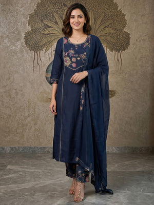 Elegant Blue Viscose Embroidered Salwar Suit with Printed Bottom - Image 1