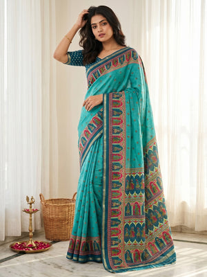 Rama Blue Viscose Saree with Fancy Print and Zari Border - Image 1