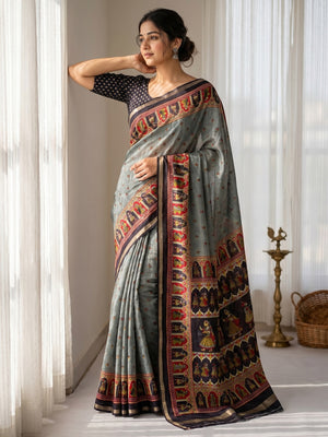 Elegant Grey Viscose Saree with Zari Border and Traditional Fancy Print - Image 1