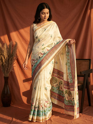 Elegant Offwhite Dola Silk Digital Print Saree with Traditional Motif Design - Image 1