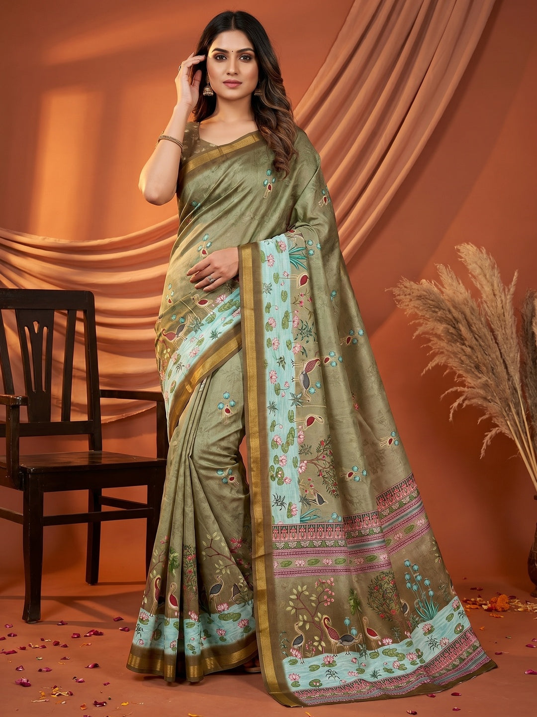 Elegant Olive Dola Silk Saree with Digital Print and Zari Border - Image 1