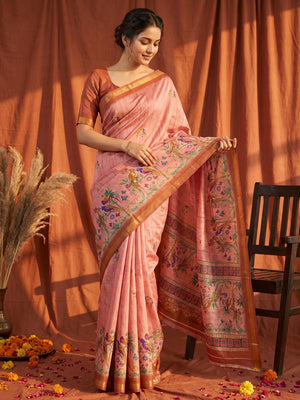 Elegant Pink Dola Silk Saree with Digital Print and Zari Border - Image 1