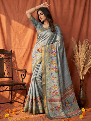 Elegant Grey Dola Silk Saree with Digital Print and Zari Border - Image 1