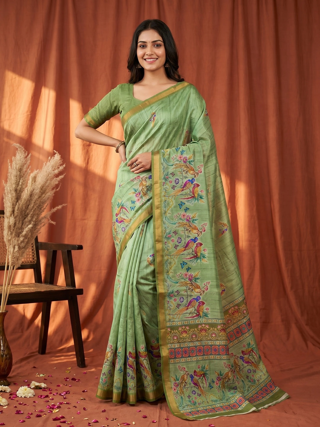Elegant Green Dola Silk Saree with Vibrant Digital Print and Zari Border - Image 1