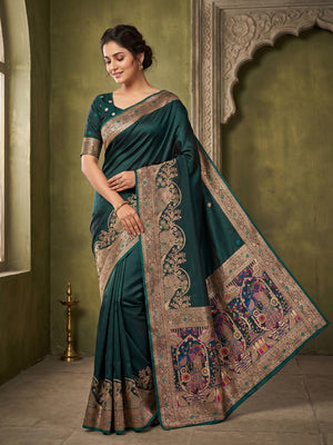 Rama Green Satin Silk Saree with Elaborate Zari Weaving and Peacock Motifs - Image 1