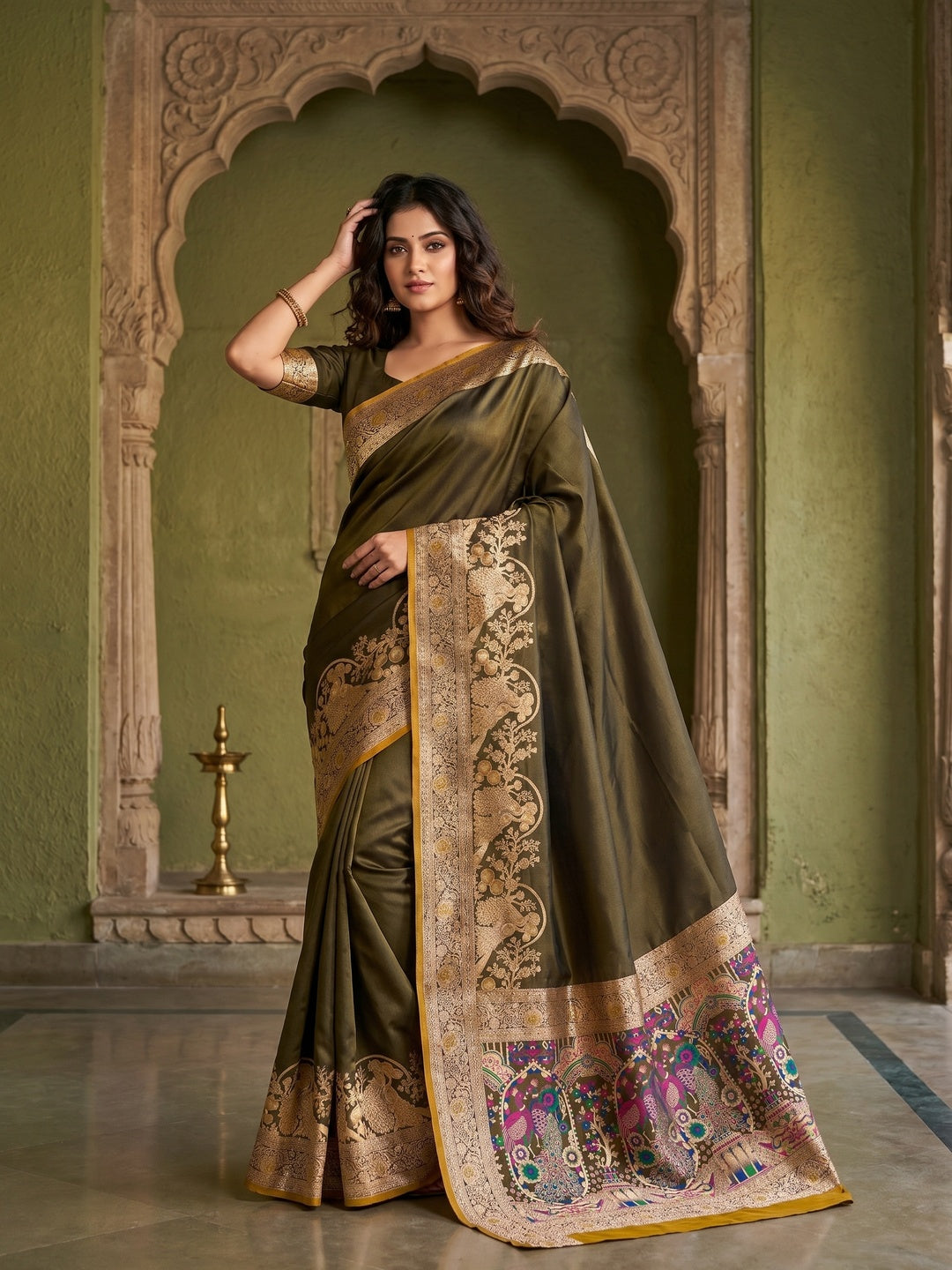 Elegant Green Satin Silk Saree with Intricate Zari Weaving and Floral Motifs - Image 1