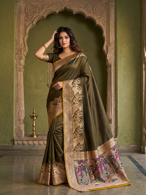 Elegant Green Satin Silk Saree with Intricate Zari Weaving and Floral Motifs - Image 1