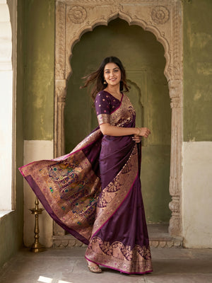 Elegant Wine Satin Silk Saree with Elaborate Peacock Zari Weaving - Image 1