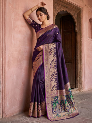 Elegant Purple Satin Saree with Intricate Zari Weaving and Peacock Motif - Image 1