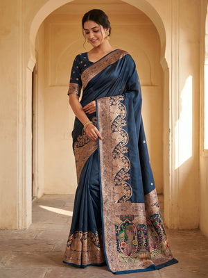 Elegant Teal Satin Silk Saree with Intricate Zari Weaving and Floral Motifs - Image 1