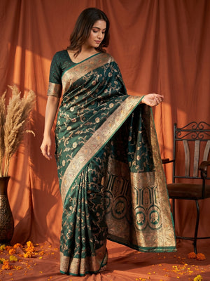 Elegant Green Satin Silk Saree with Intricate Floral Zari Weaving - Image 1