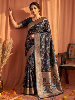 Classic Floral Zari Weaving Teal Satin Silk Saree with Sophisticated Drape - Image 1