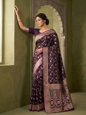 Elegant Wine Satin Silk Saree with Classic Floral Zari Weaving - Image 1