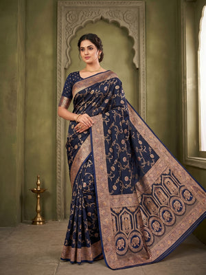 Classic Blue Floral Zari Weaving Satin Silk Saree with Sophisticated Drape - Image 1