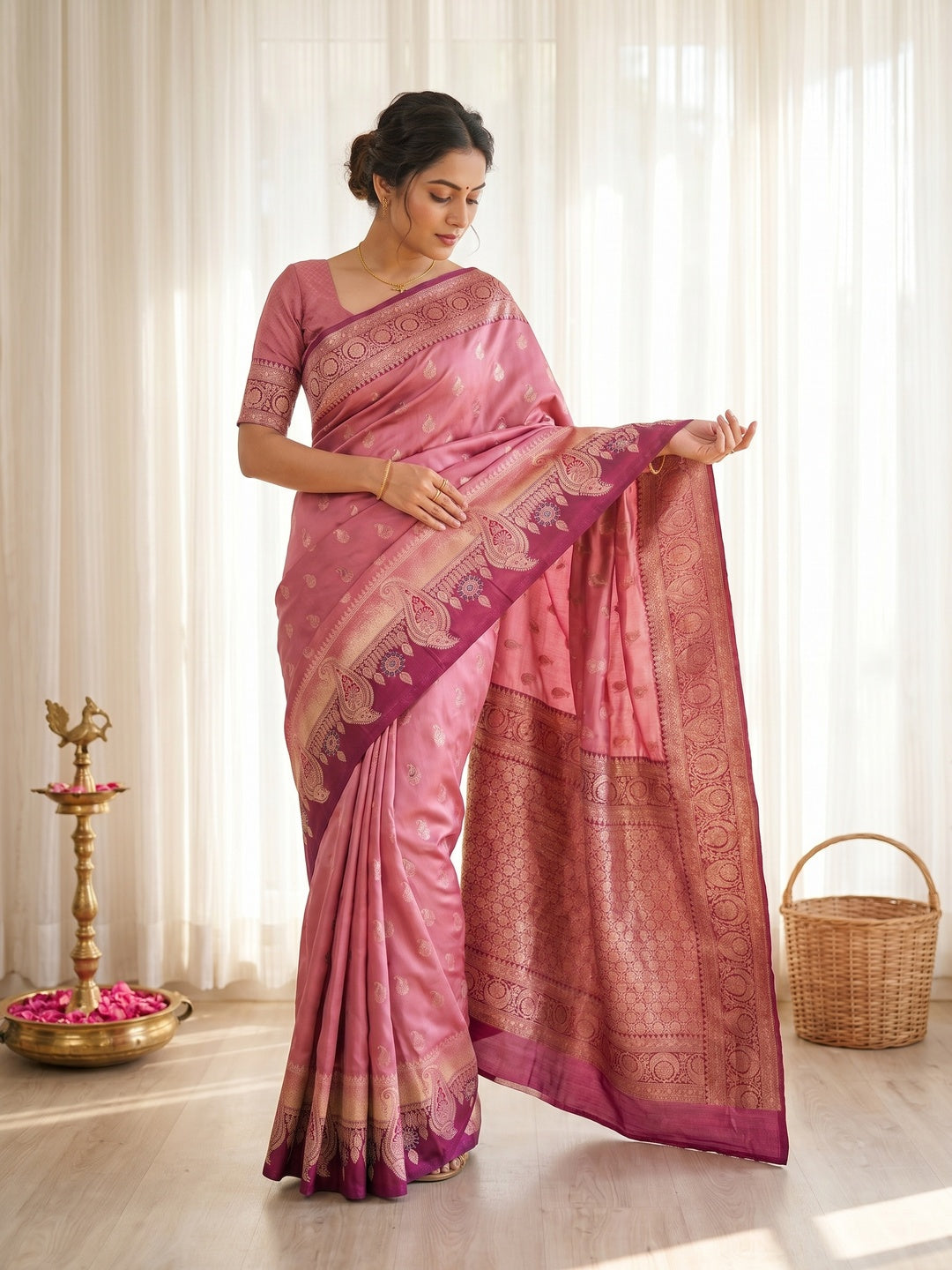 Elegant Pink Satin Silk Saree with Traditional Paisley Zari Weaving - Image 1