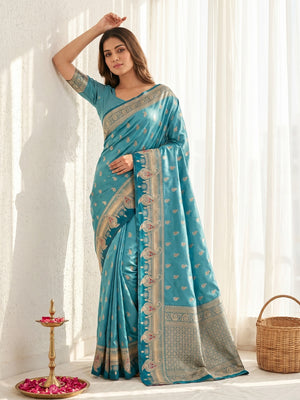 Elegant Rama Blue Satin Silk Saree with Intricate Zari Weaving and Paisley Motif - Image 1