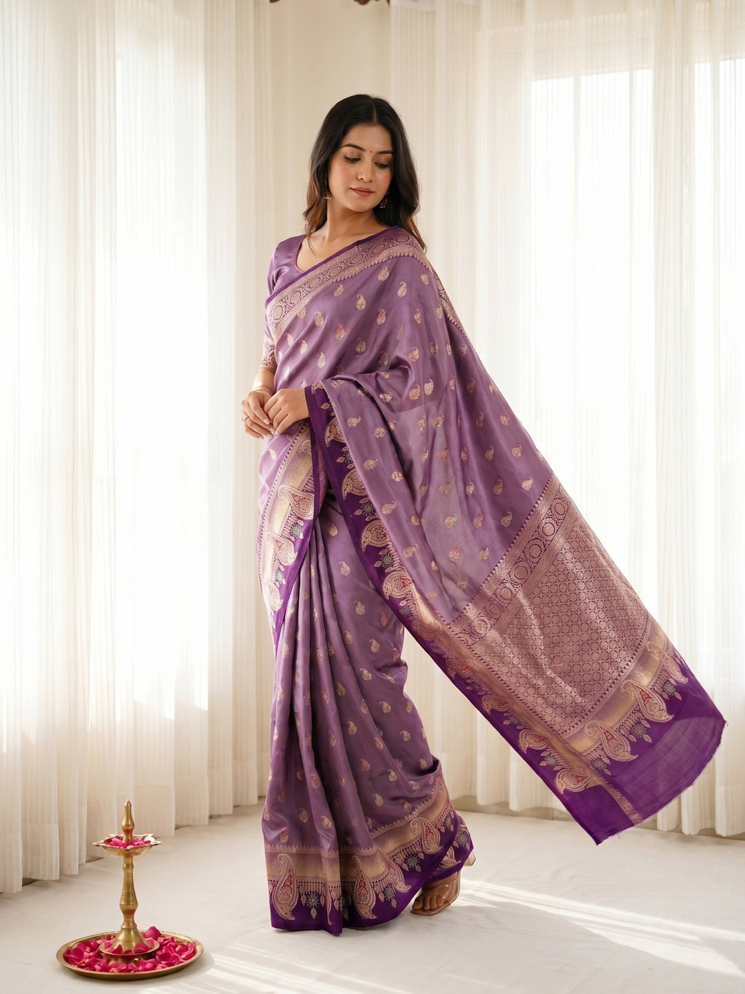 Elegant Lavender Satin Silk Saree with Intricate Zari Weaving and Paisley Motif - Image 1