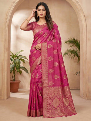 Stylish Pink Crepe Saree with Floral Zari Work Elegant Occasion Wear - Image 1