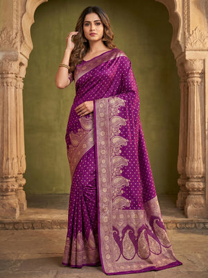Elegant Purple Paisley Zari Woven Satin Saree with Matching Blouse - Image 1
