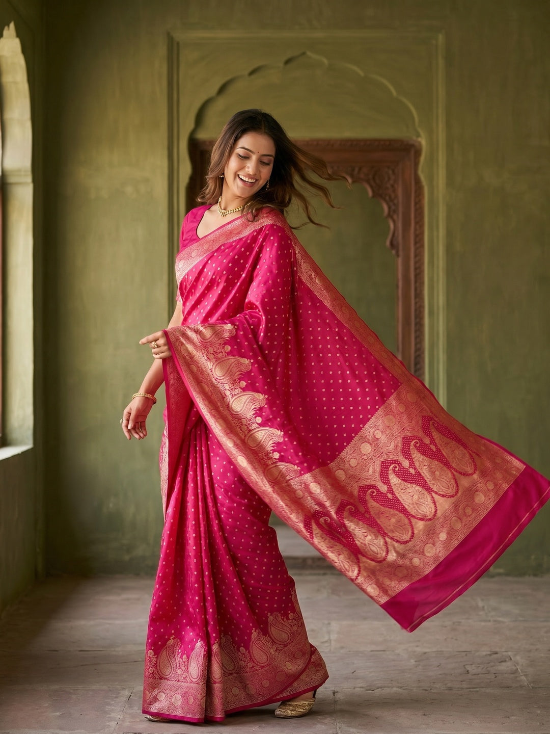 Magenta Satin Saree with Elegant Paisley Zari Weaving - Image 1