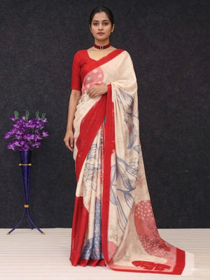 Elegant Cream Floral Digital Printed Chinon Saree With Designer Work - Image 1