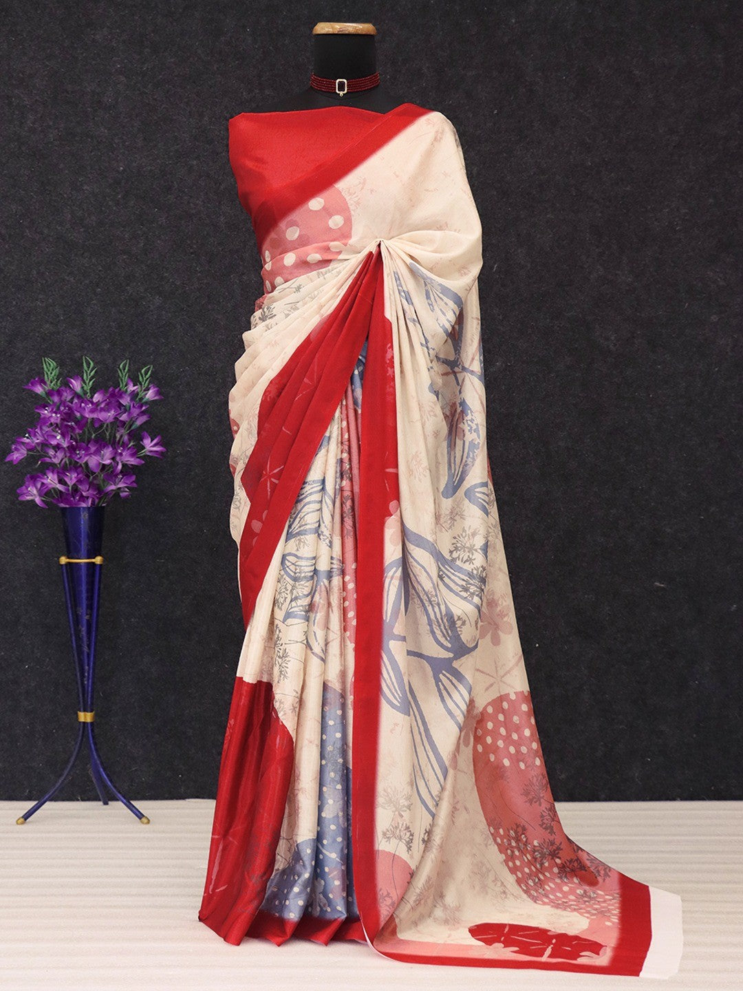 Elegant Cream Floral Digital Printed Chinon Saree With Designer Work - Image 5