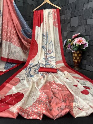 Elegant Cream Floral Digital Printed Chinon Saree With Designer Work - Image 2