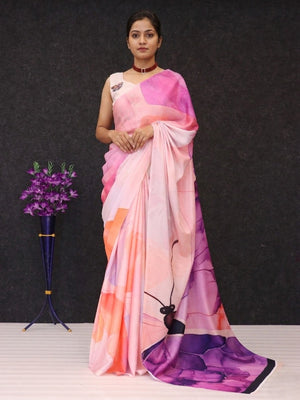Graceful Peach & Purple Butterfly Digital Print Chinon Saree With Artistic Work Detailing - Image 1