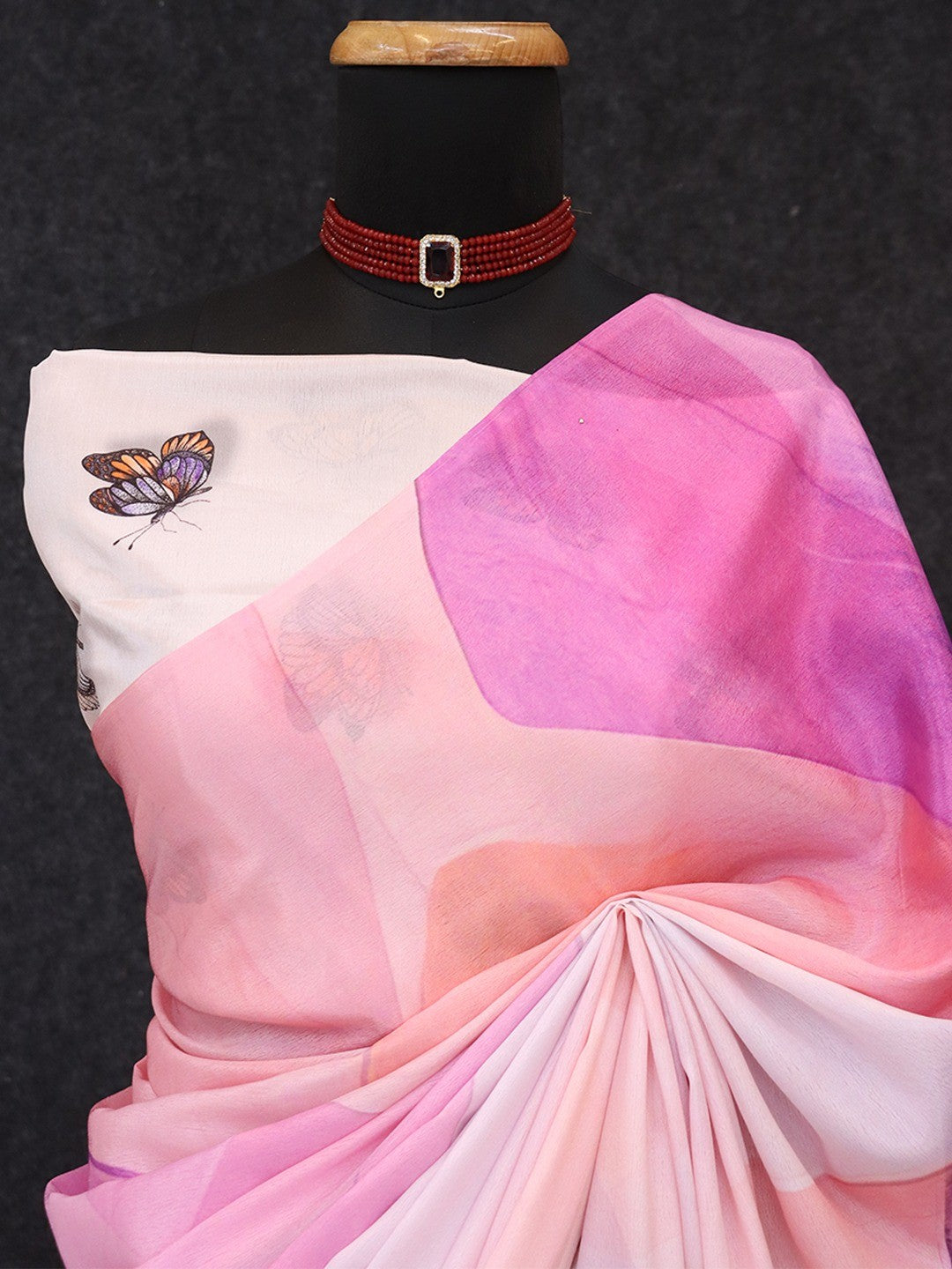 Graceful Peach & Purple Butterfly Digital Print Chinon Saree With Artistic Work Detailing - Image 4