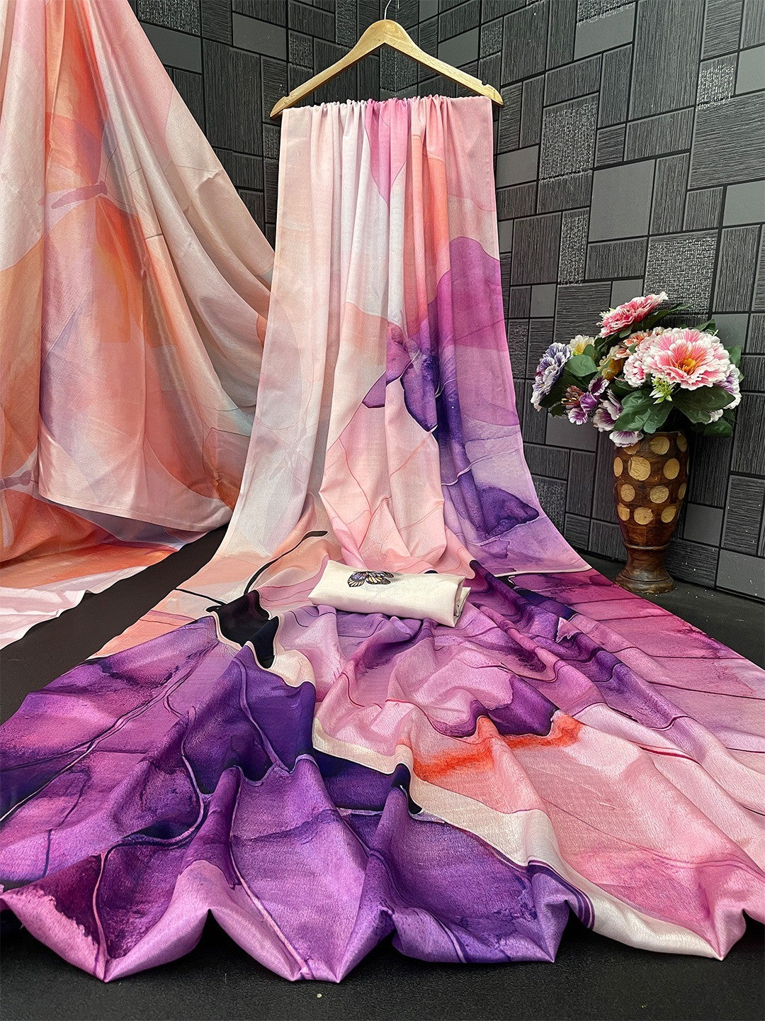 Graceful Peach & Purple Butterfly Digital Print Chinon Saree With Artistic Work Detailing - Image 3