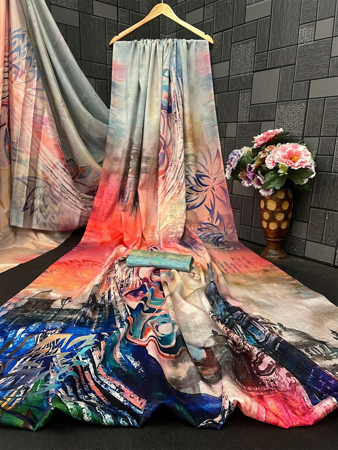 Luxurious Multicolor Abstract Digital Print Chinon Saree With Rich Craft Work - Image 3