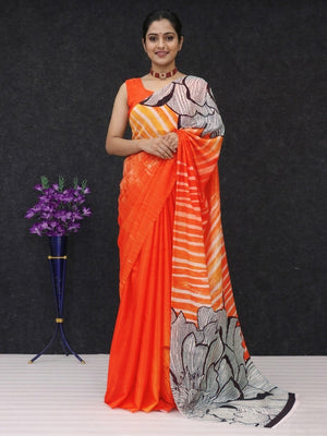 Gorgeous Orange Floral & Stripe Digital Printed Chinon Saree With Fine Work Finish - Image 1