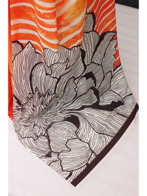 Gorgeous Orange Floral & Stripe Digital Printed Chinon Saree With Fine Work Finish - Image 2