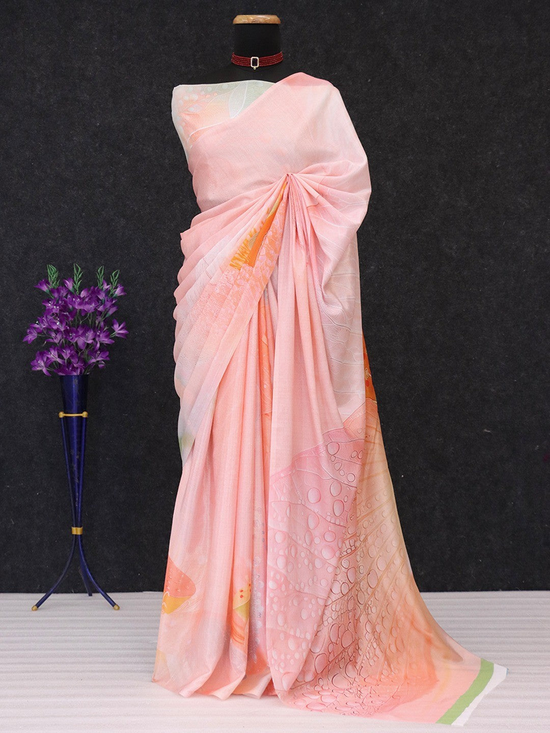 Designer Peach Abstract Digital Printed Chinon Saree With Fine Artistic Work Detailing - Image 5