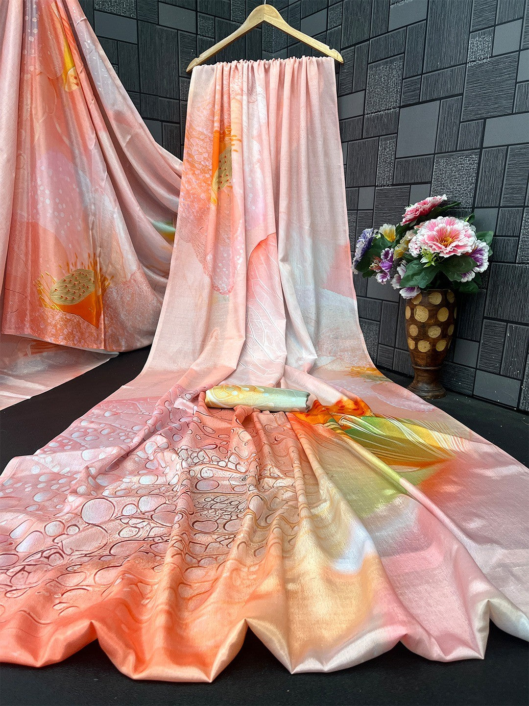 Designer Peach Abstract Digital Printed Chinon Saree With Fine Artistic Work Detailing - Image 3