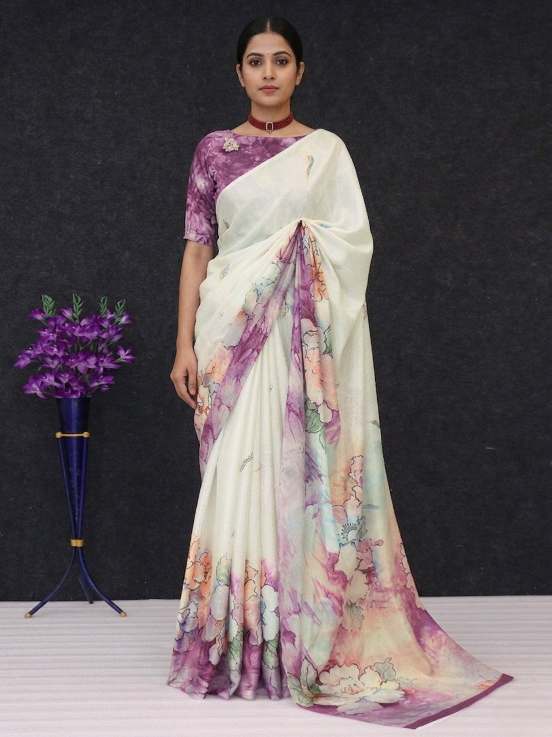 Stunning Offwhite Floral Pattern Chinon Saree With Rich Designer Work - Image 1