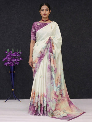 Stunning Offwhite Floral Pattern Chinon Saree With Rich Designer Work - Image 1