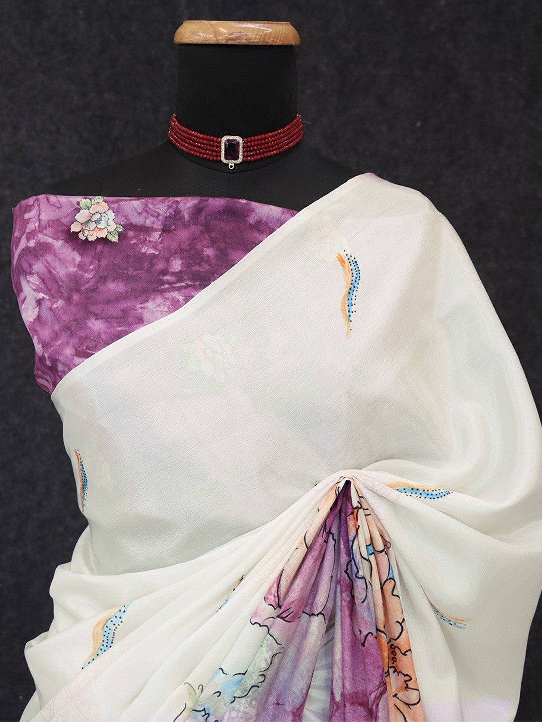 Stunning Offwhite Floral Pattern Chinon Saree With Rich Designer Work - Image 4
