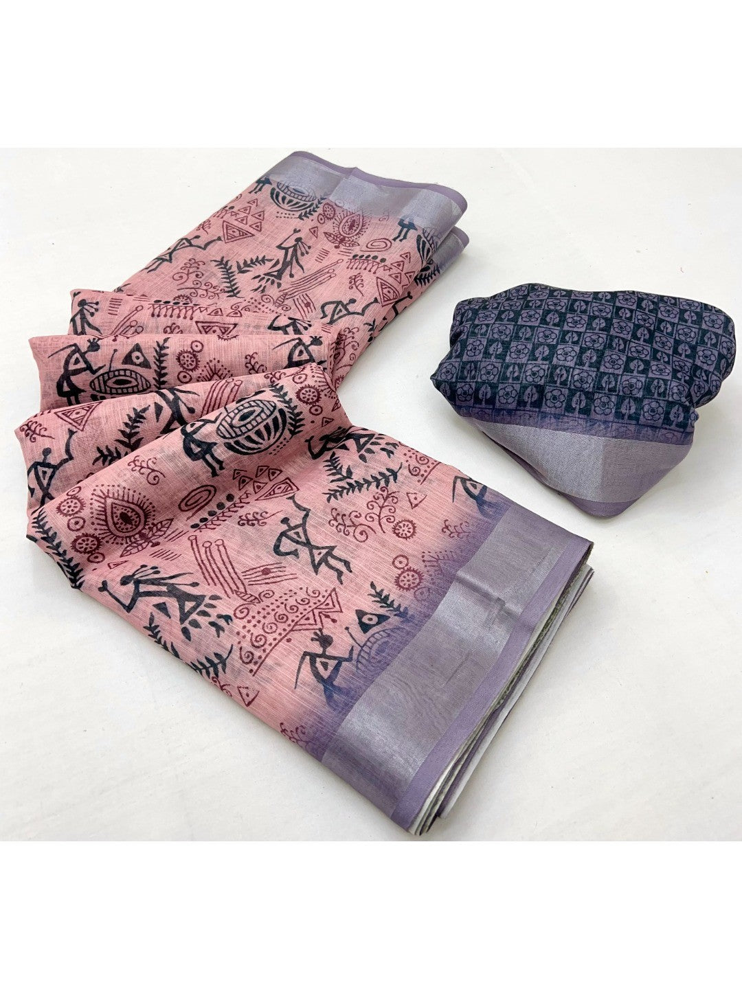 Classic Peach Warli Tribal Art Digital Printed Linen Cotton Saree With Zari Border - Image 3