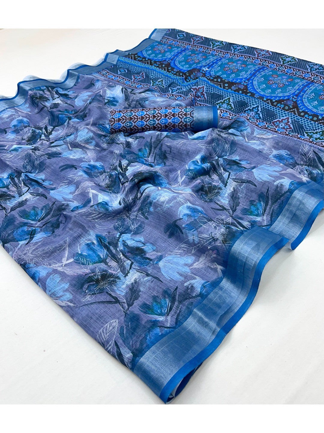 Elegant Blue Floral Art Digital Printed Linen Saree With Intricate Zari Border Work - Image 1