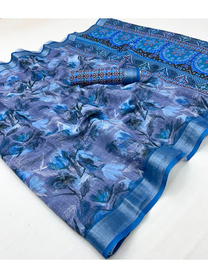 Elegant Blue Floral Art Digital Printed Linen Saree With Intricate Zari Border Work - Image 1