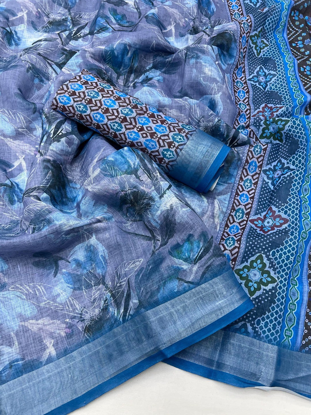 Elegant Blue Floral Art Digital Printed Linen Saree With Intricate Zari Border Work - Image 2