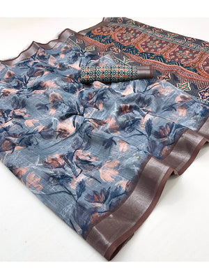 Elegant Grey Floral Art Digital Printed Linen Saree With Intricate Zari Border Work - Image 1