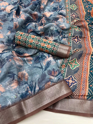 Elegant Grey Floral Art Digital Printed Linen Saree With Intricate Zari Border Work - Image 2