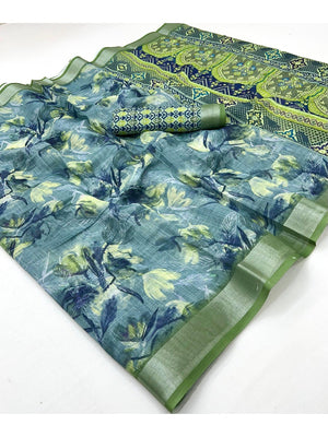 Elegant Green Floral Art Digital Printed Linen Saree With Intricate Zari Border Work - Image 1