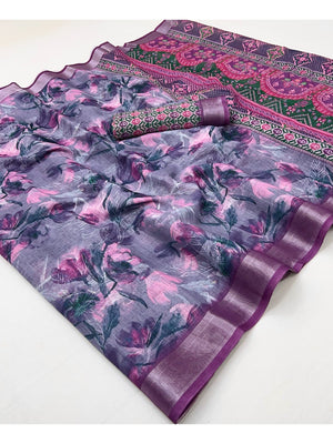 Elegant Purple Floral Art Digital Printed Linen Saree With Intricate Zari Border Work - Image 1