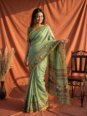 Elegant Green Pure Cotton Saree with Digital Print and Zari Border - Image 1