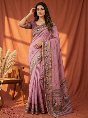 Elegant Mauve Pure Cotton Saree with Digital Print and Zari Border - Image 1