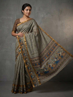 Elegant Grey Pure Cotton Digital Print Saree with Zari Border - Image 1